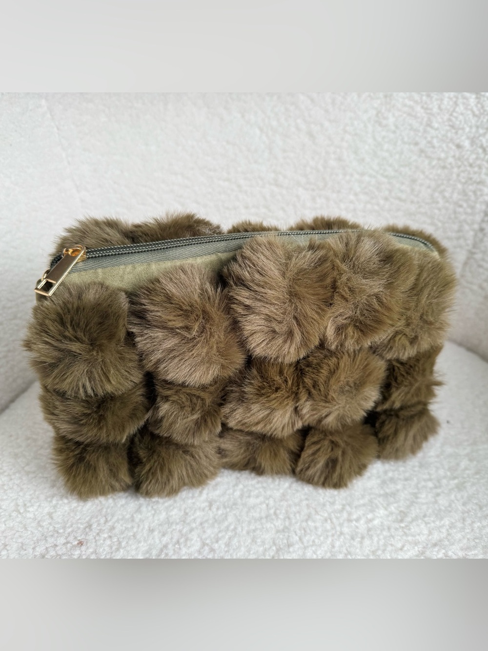Olive Faux Fur Pom Bag with Gold Zip